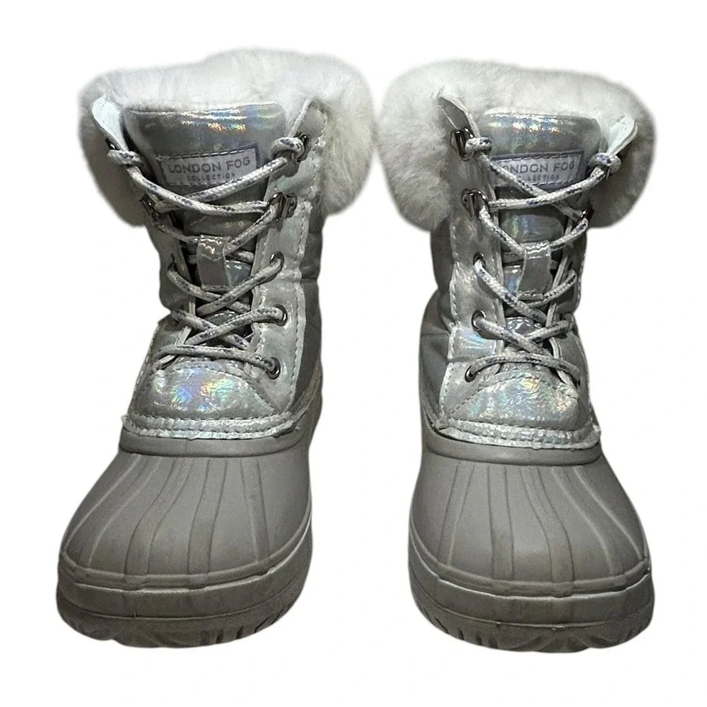 London Fog Bellcourt Kids Silver Iridescent Faux Fur Winter Duck Boots Size 3